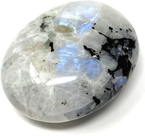 Karma Gems Rainbow Moonstone oval worry stone, ideal for meditation and calming the mind.