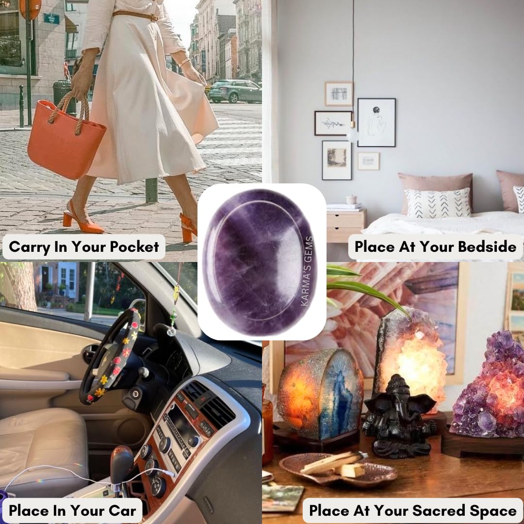 Gently cleansed Karma Gems Amethyst worry stone packaged with white sage note