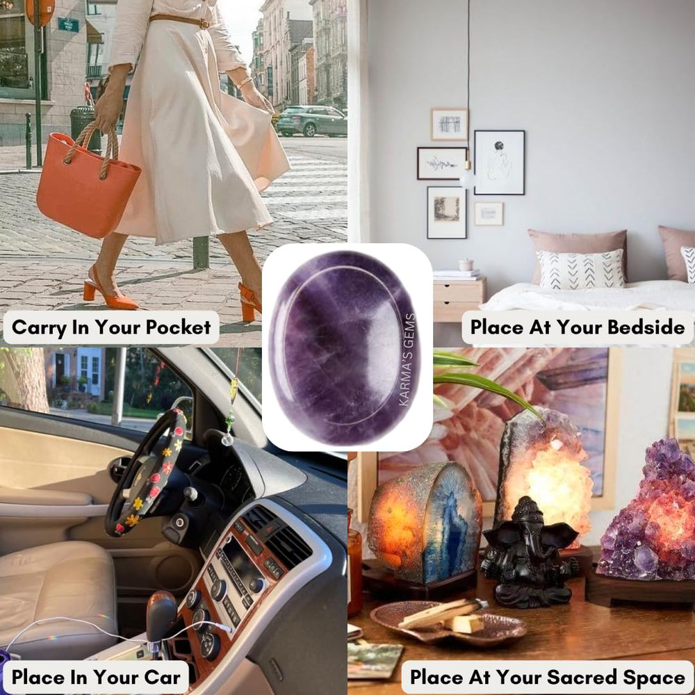 Gently cleansed Karma Gems Amethyst worry stone packaged with white sage note