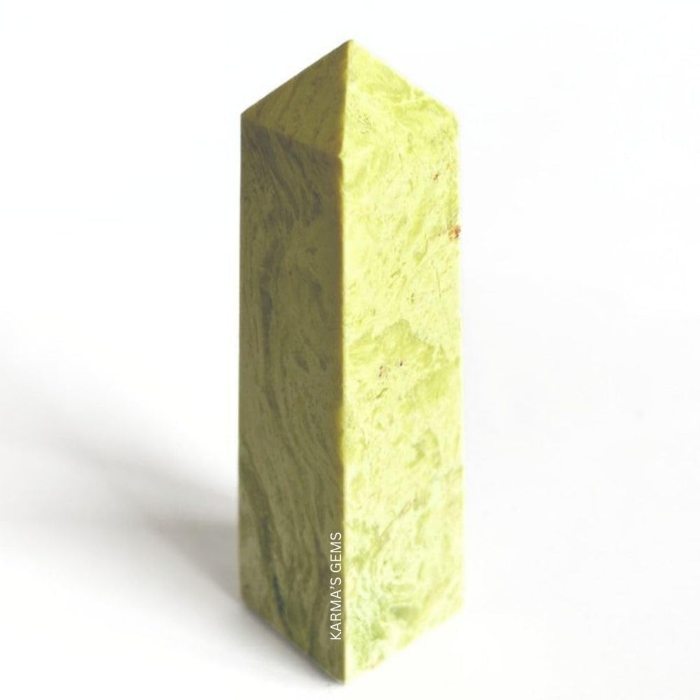 Karma Gems serpentine crystal tower 3-4 inch front view shows natural polish and balance.