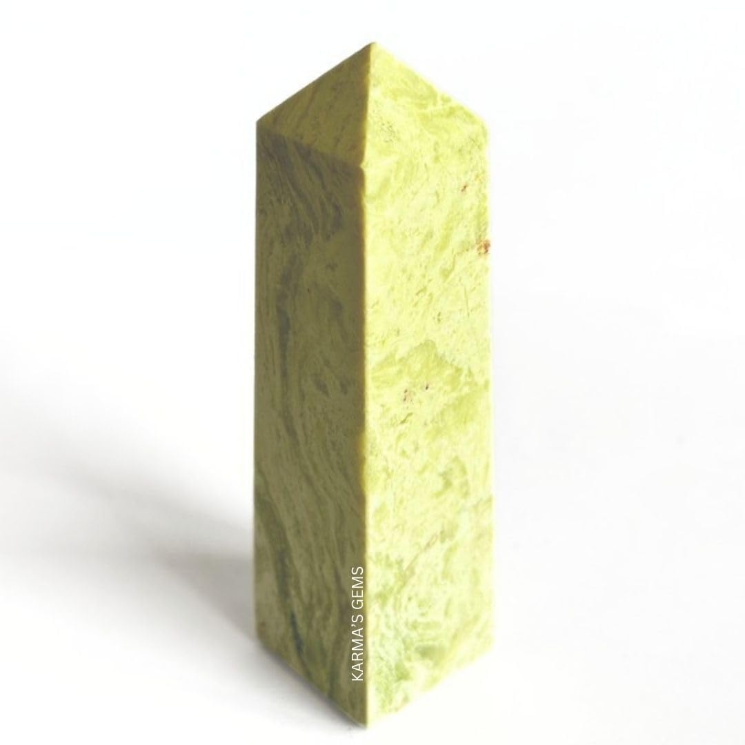 Karma Gems serpentine crystal tower 3-4 inch front view shows natural polish and balance.