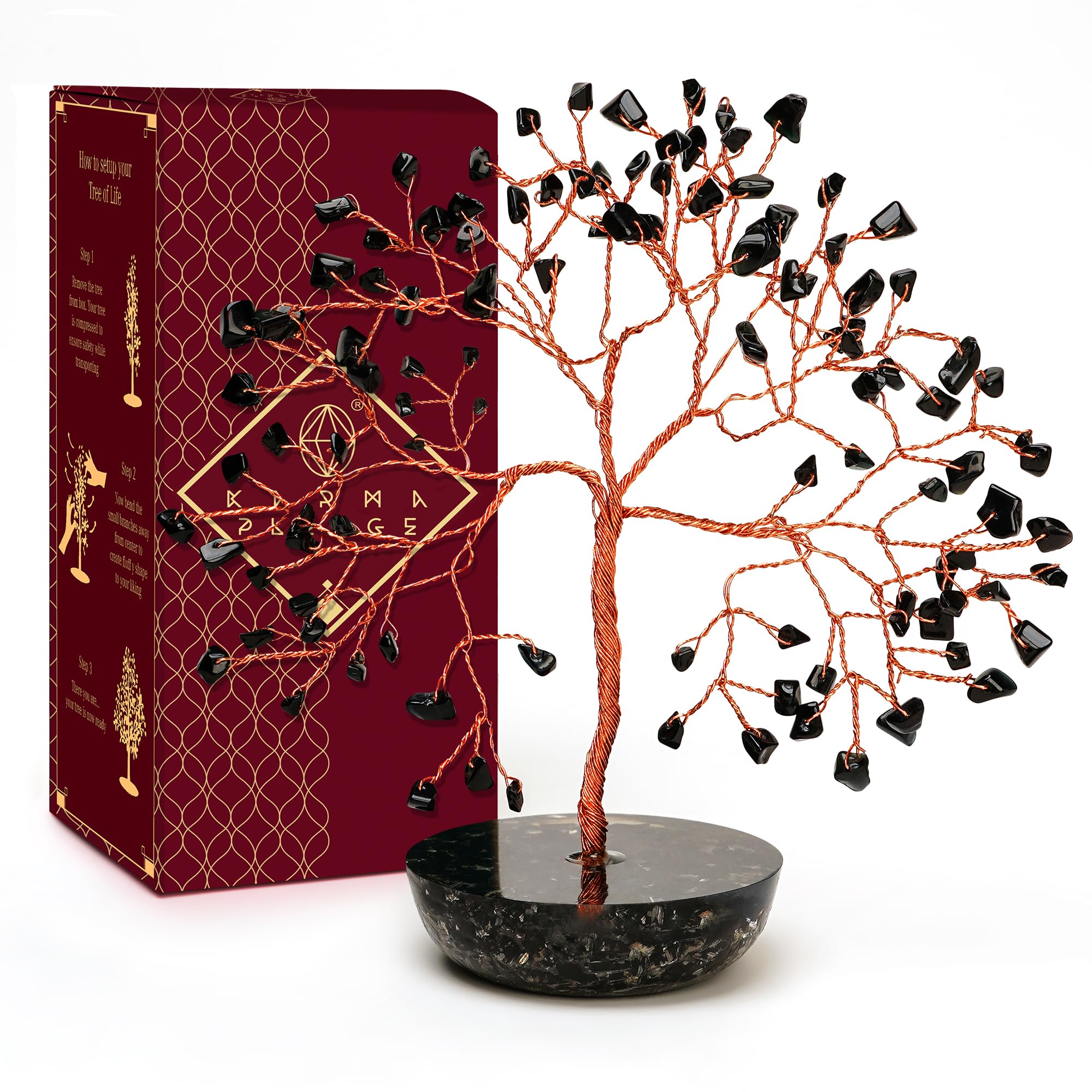 KARMAPLEDGE 7 Chakra Black Obsidian Crystal Tree on desk for focused energy and elegance