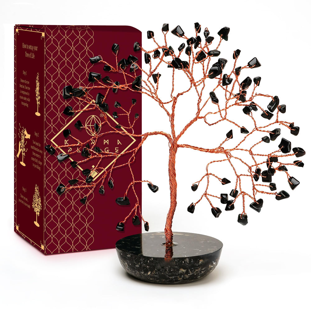 KARMAPLEDGE 7 Chakra Black Obsidian Crystal Tree on desk for focused energy and elegance
