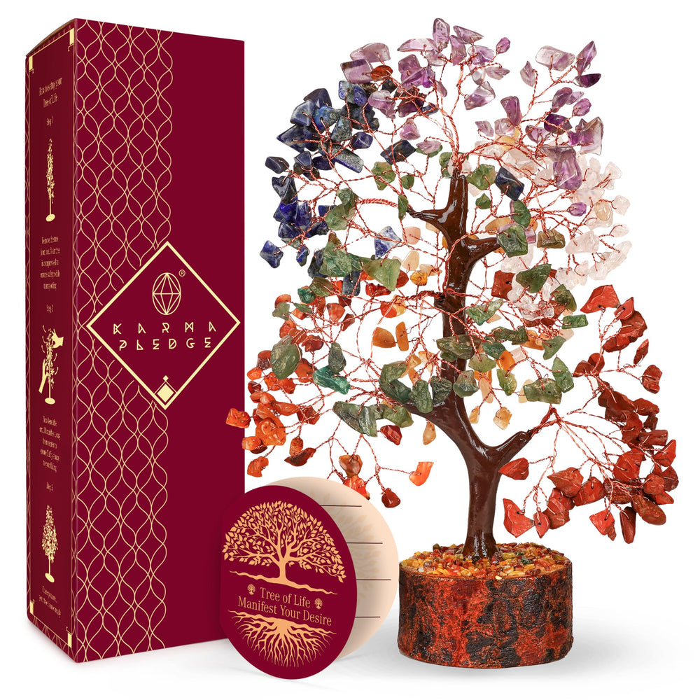 KARMAPLEDGE crystal tree base on wood enhances natural decor and positive ambiance.