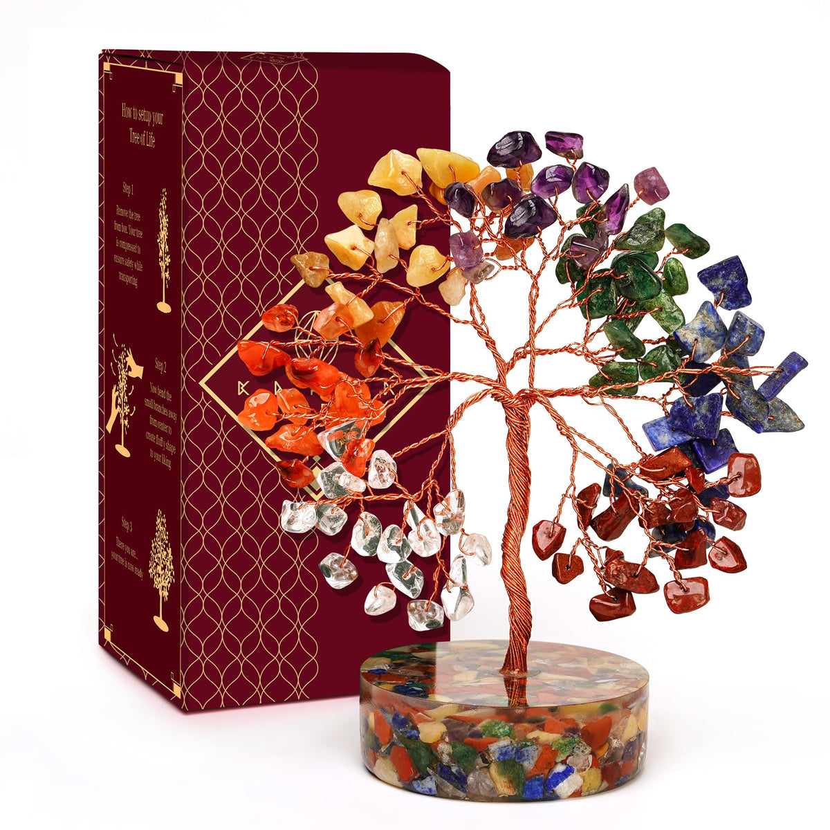 KARMAPLEDGE 7 Chakra Tree Bonsai displays seven crystals to support energy balance at home.