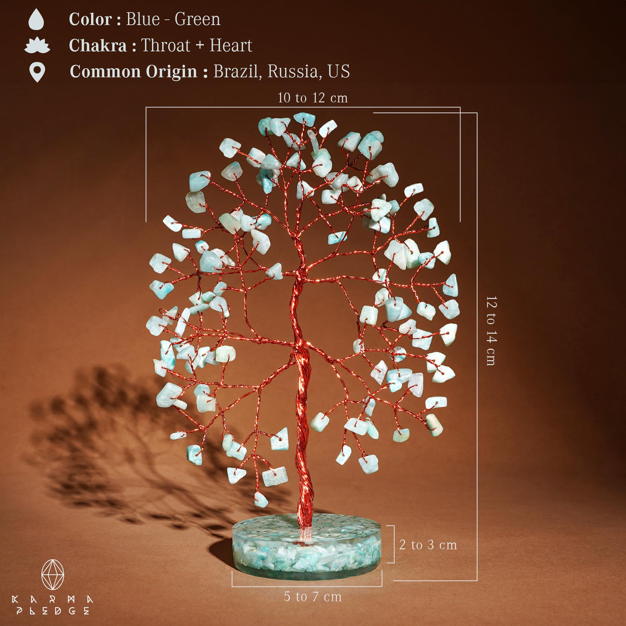 KARMAPLEDGE amazonite stone tree highlighting chakra harmony in a peaceful space
