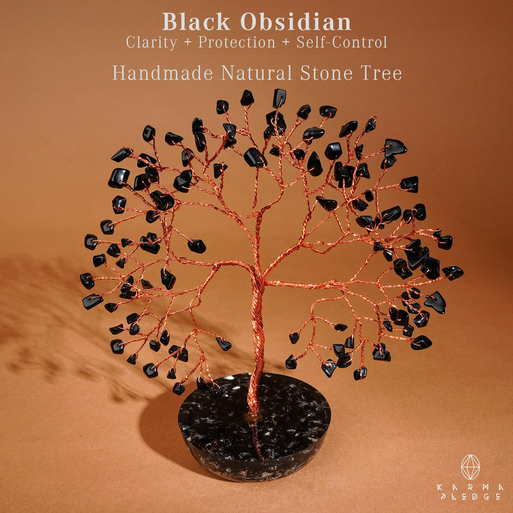 KARMAPLEDGE Black Obsidian crystal tree with orgone base showing handcrafted detail