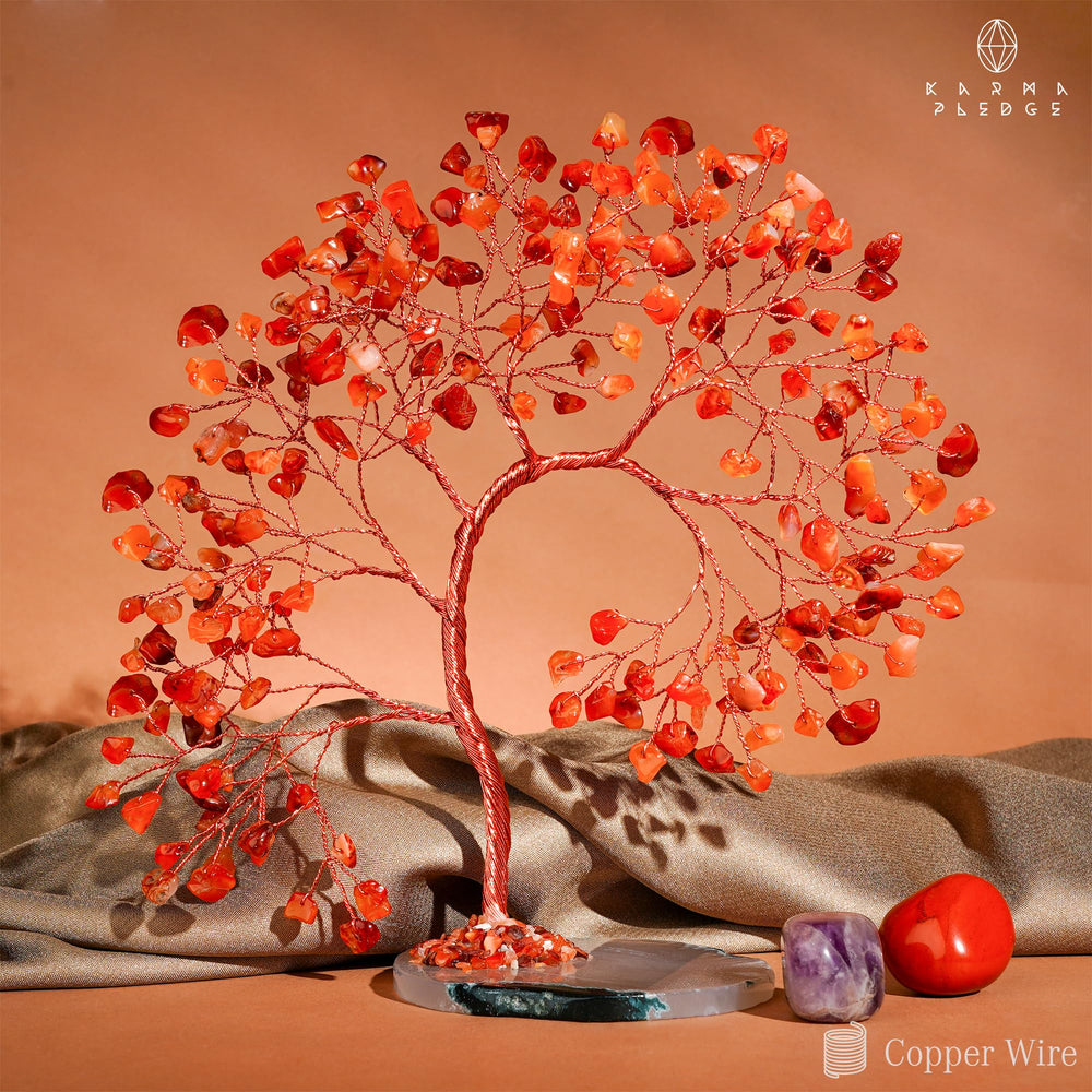 KARMAPLEDGE Office desk setup with carnelian tree for focus