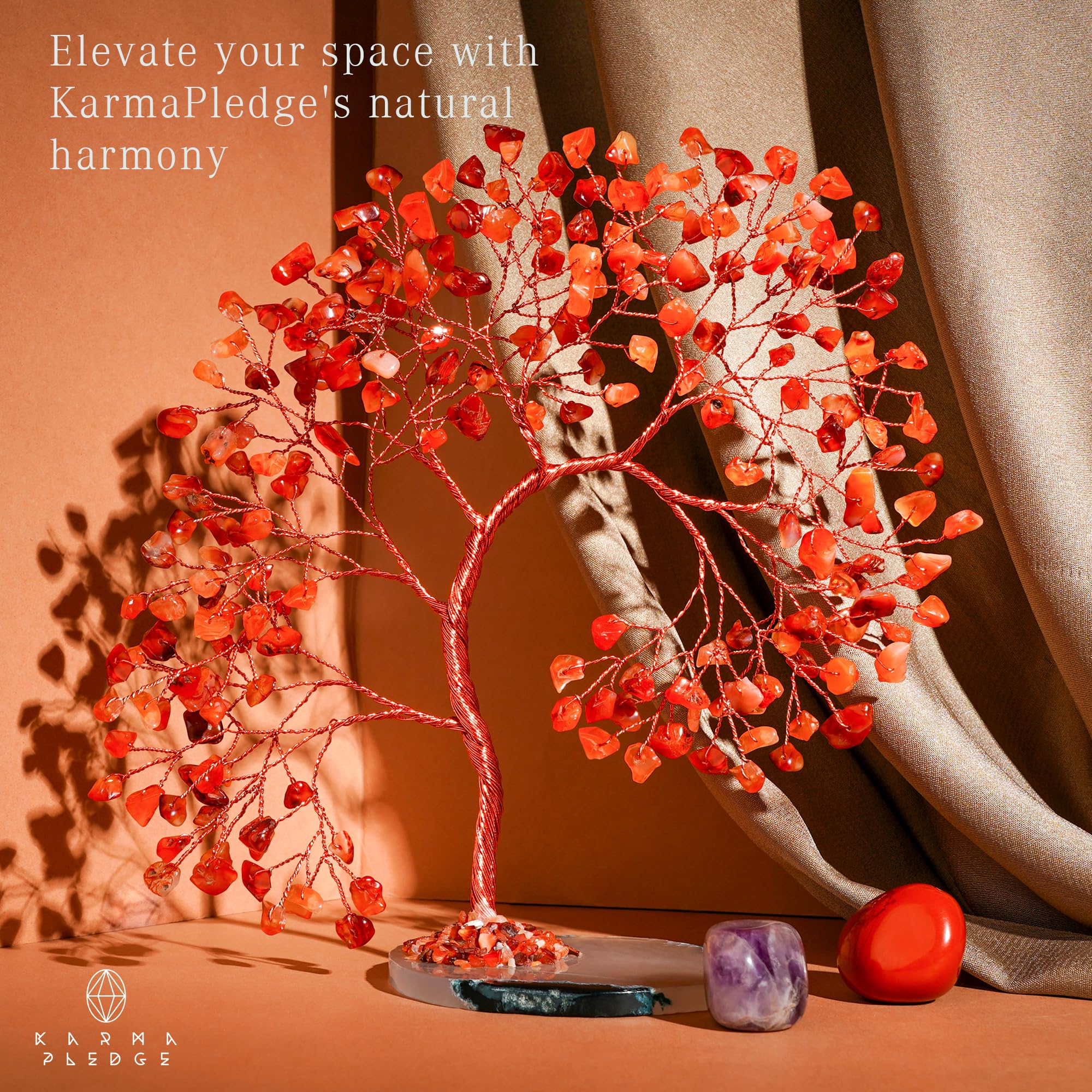 KARMAPLEDGE Handmade carnelian tree decor in a cozy living room