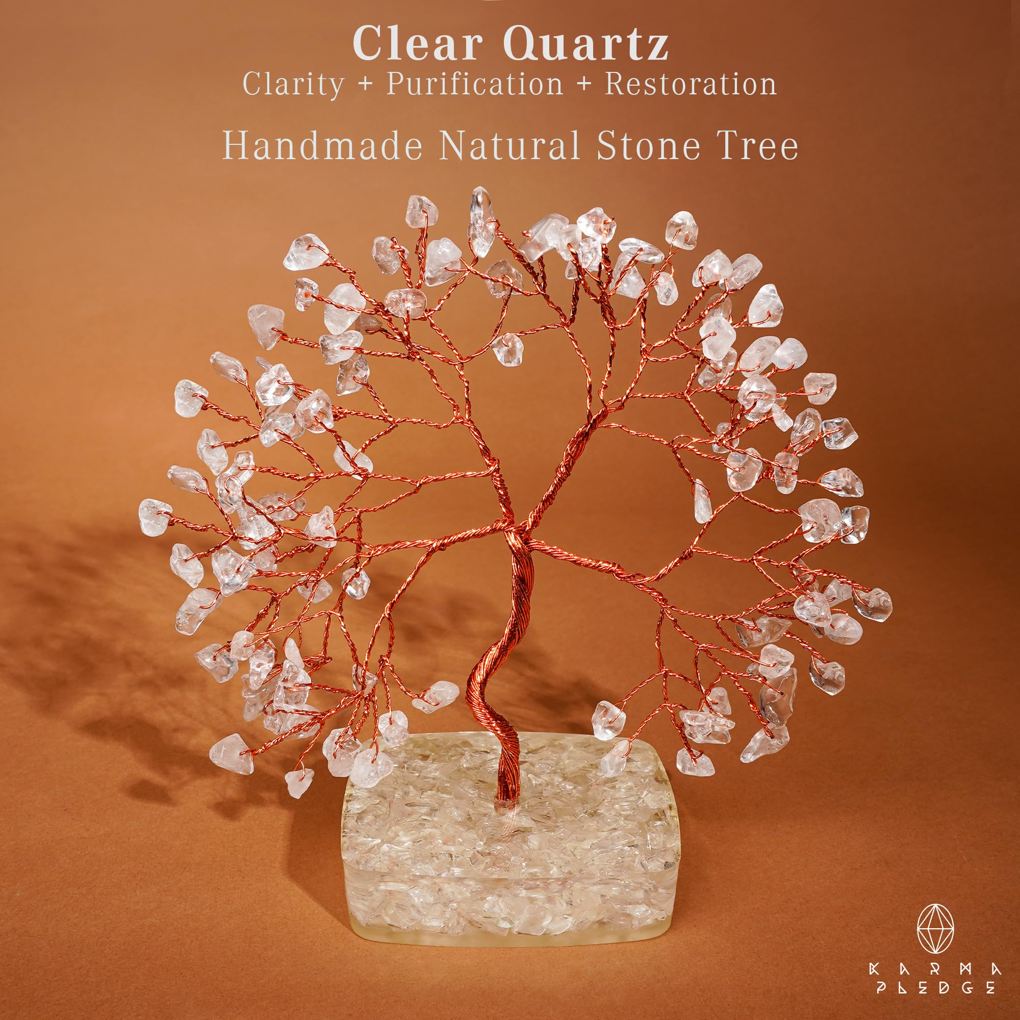 KARMAPLEDGE Clear Quartz Tree of Life with copper wire trunk for spiritual ambiance.