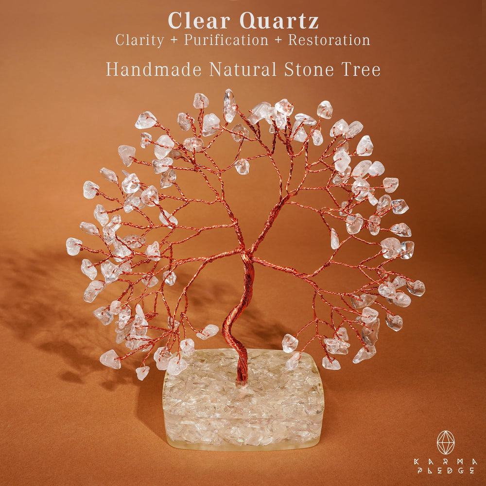 KARMAPLEDGE Clear Quartz Tree of Life with copper wire trunk for spiritual ambiance.