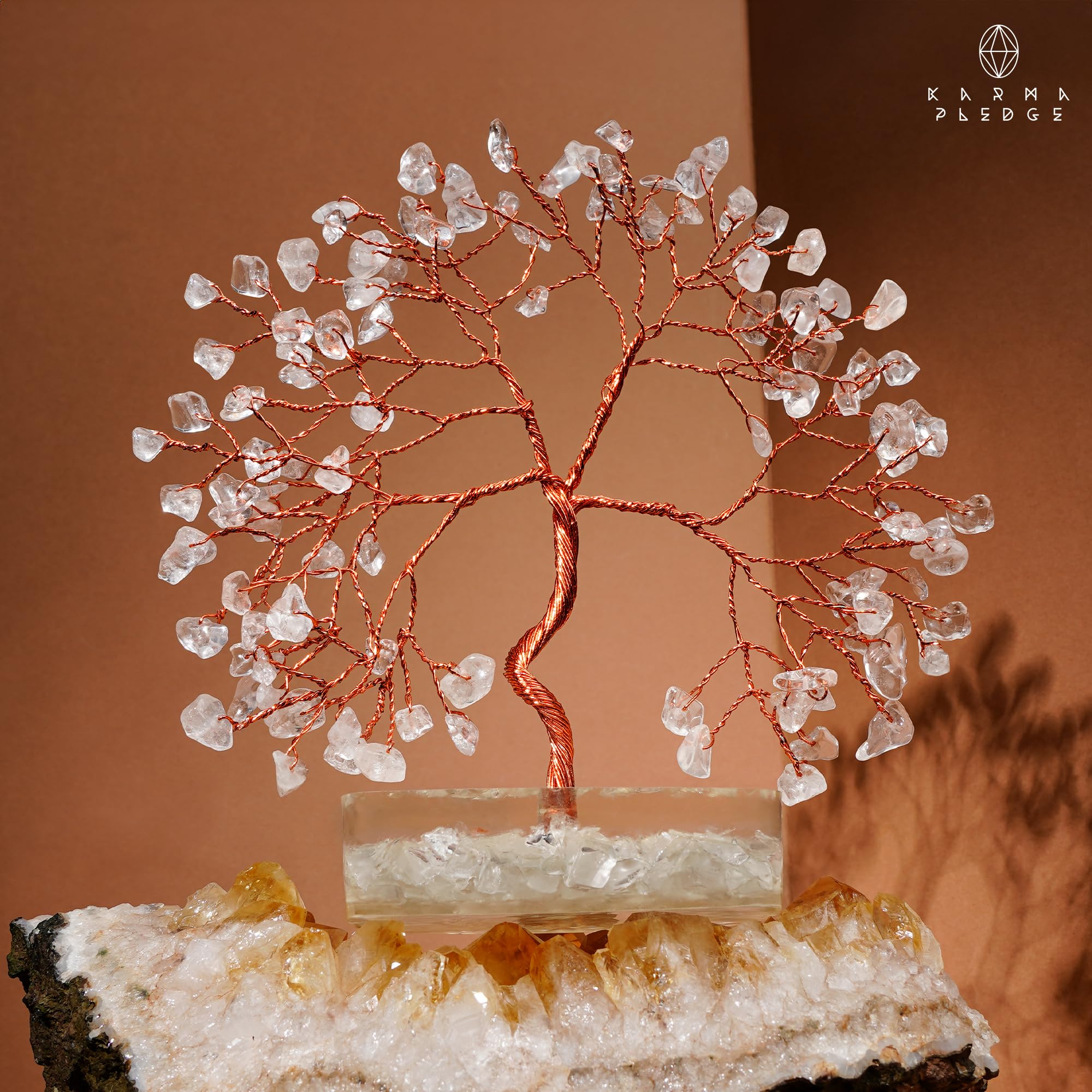 KARMAPLEDGE Clear Quartz Tree gift-ready packaging with note.