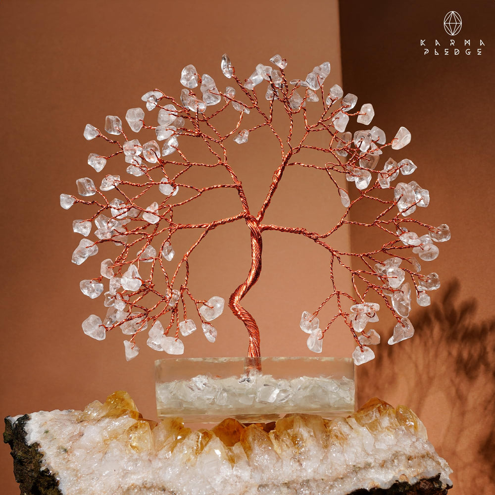 KARMAPLEDGE Clear Quartz Tree gift-ready packaging with note.