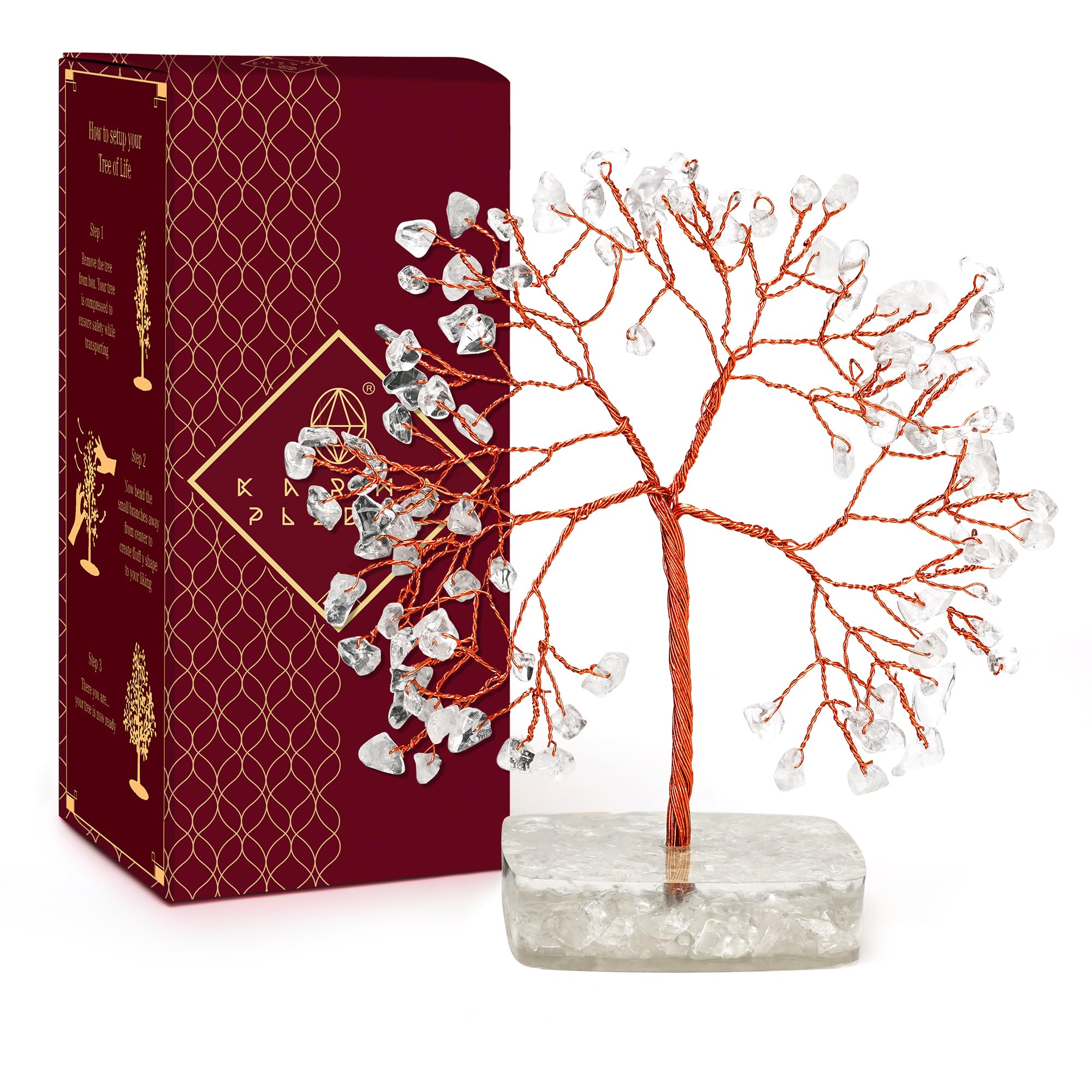 KARMAPLEDGE Clear Quartz Tree of Life with crystal branches for elegant home decor.