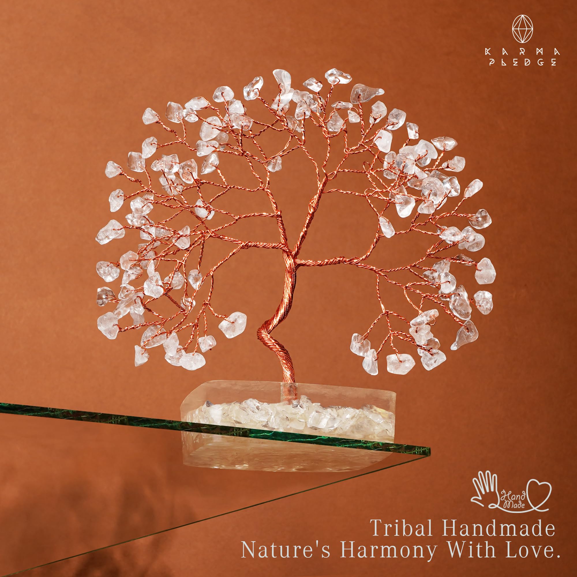 KARMAPLEDGE Clear Quartz Tree in living room display, natural elegance.