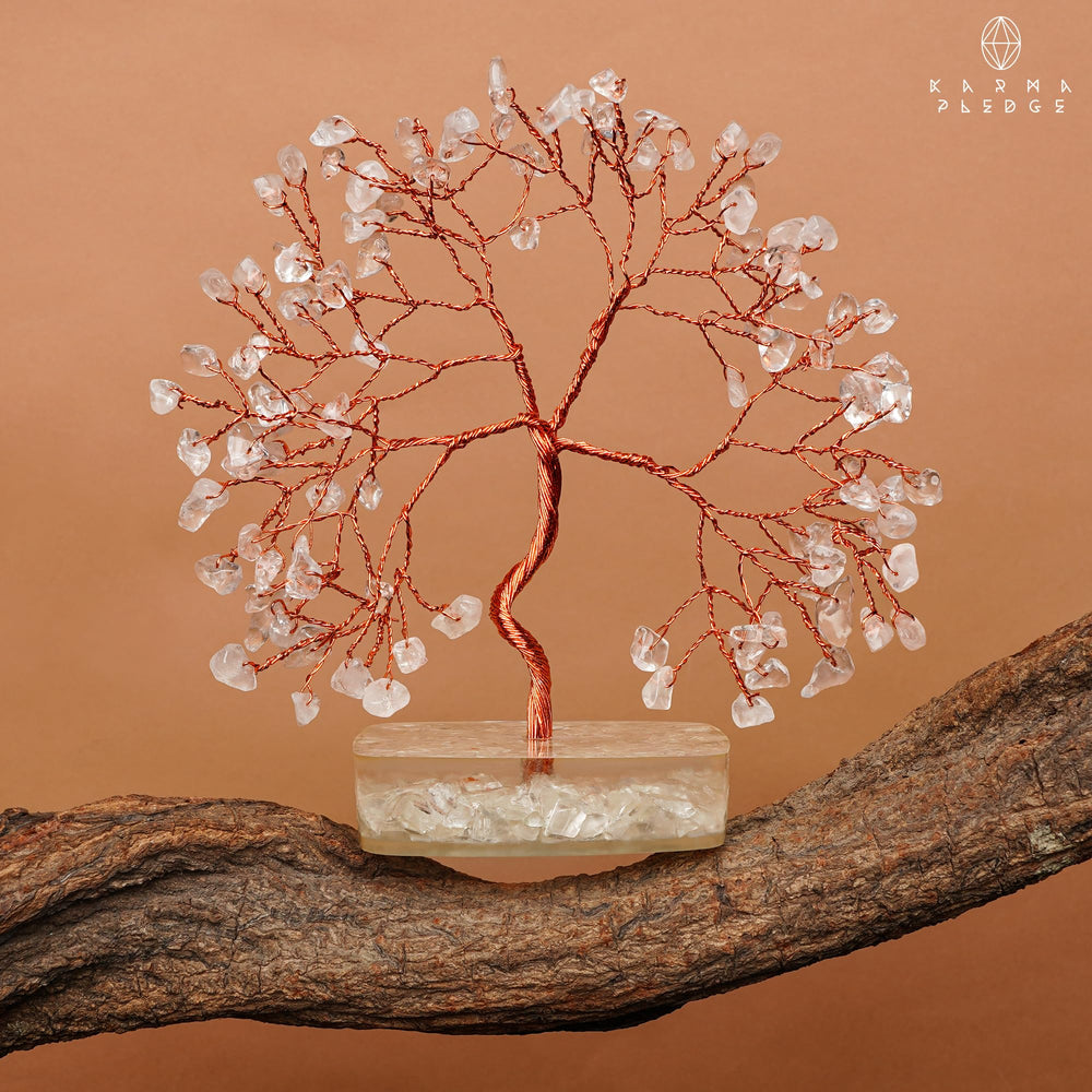 KARMAPLEDGE Clear Quartz Tree shows natural variations in crystals.