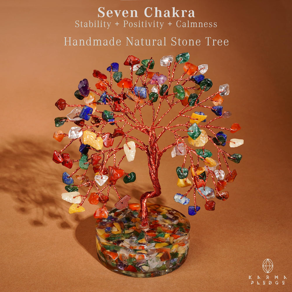 KARMAPLEDGE Crystal Chakra Bonsai Base highlights the healing crystals on a sturdy orgone base.