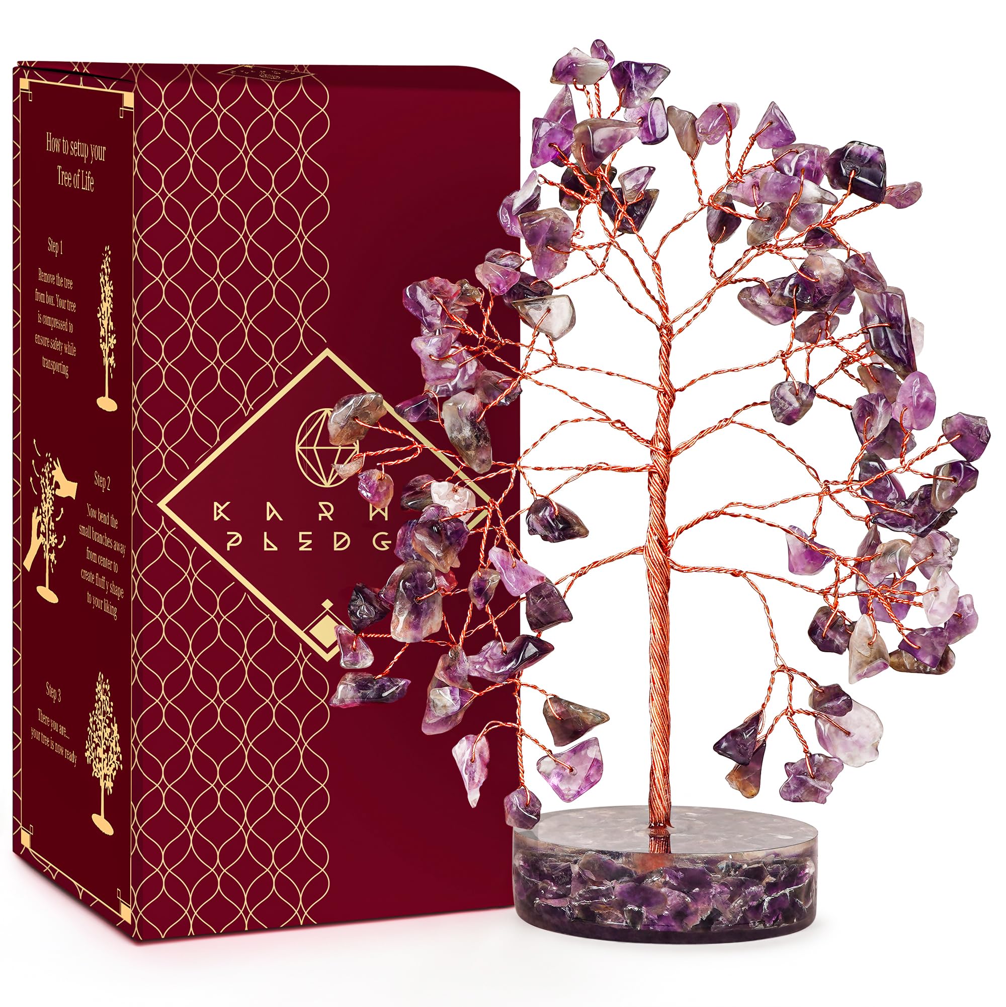 KARMAPLEDGE Crystal Tree with amethyst stones enhances calm energy at home.