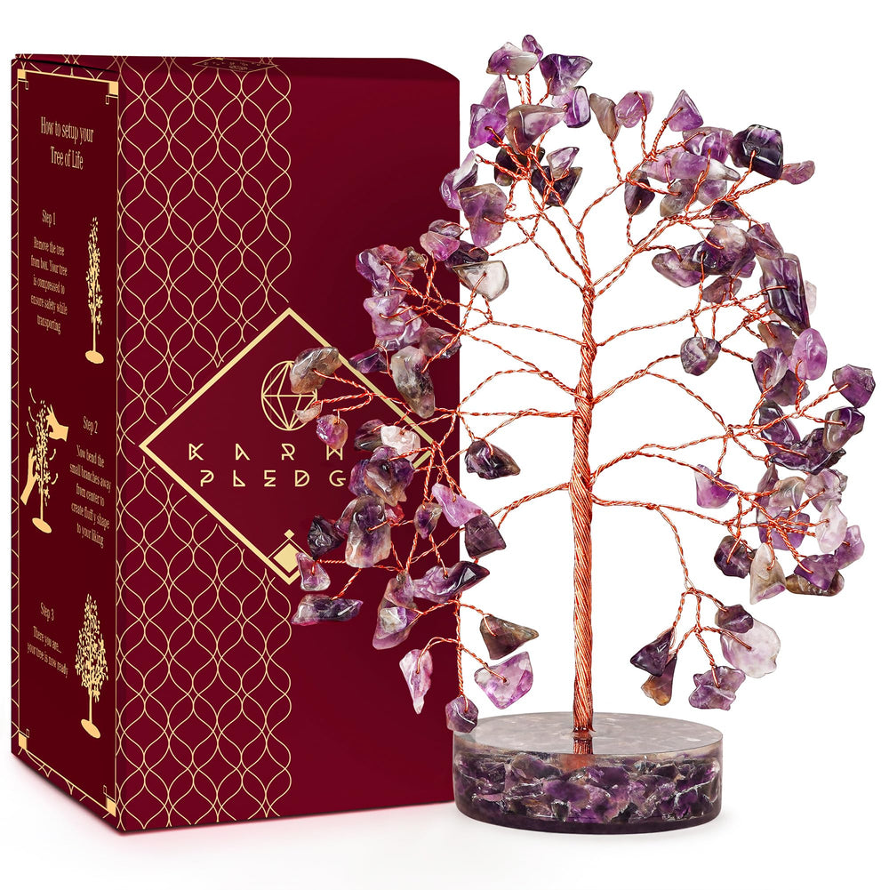 KARMAPLEDGE Crystal Tree with amethyst stones enhances calm energy at home.