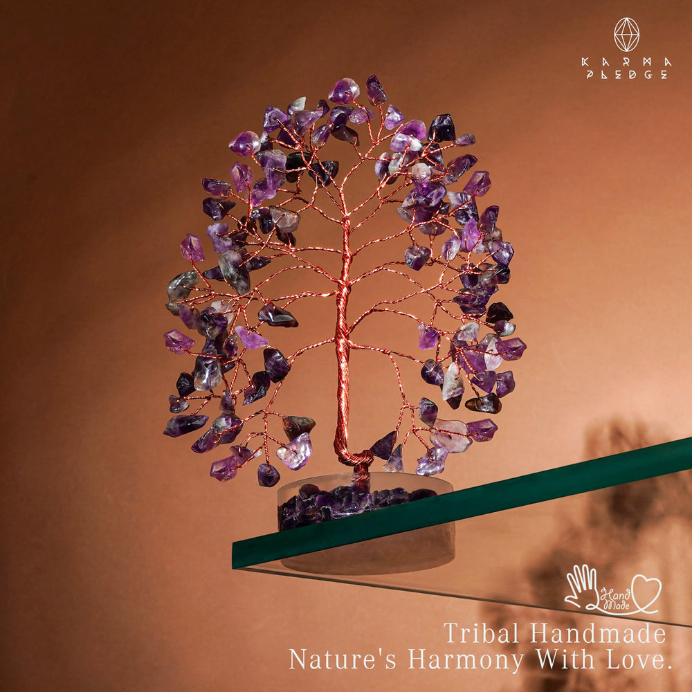 KARMAPLEDGE Handmade crystal tree from India with natural variations.