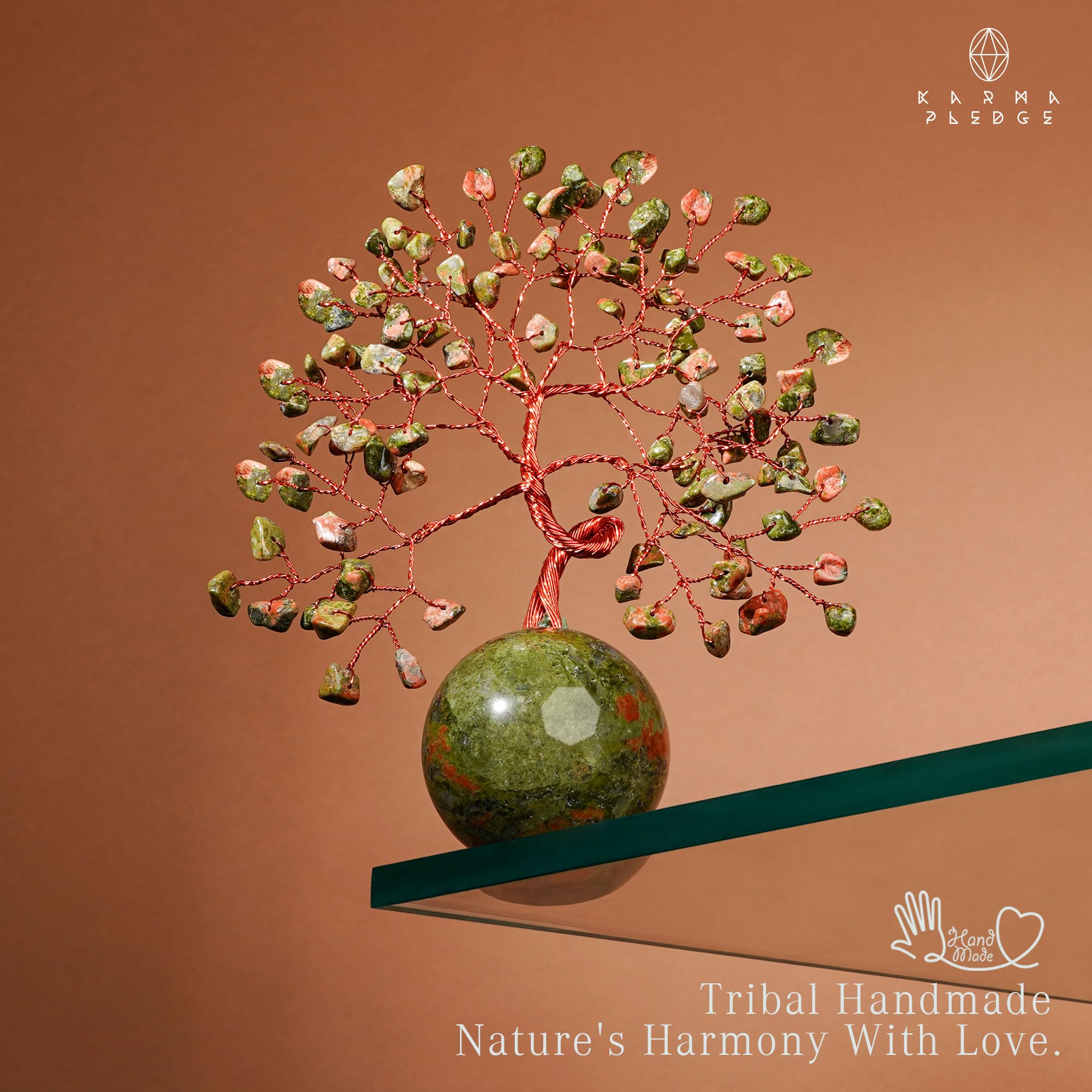 KARMAPLEDGE crystal tree home decor on shelf radiates harmony and warmth.