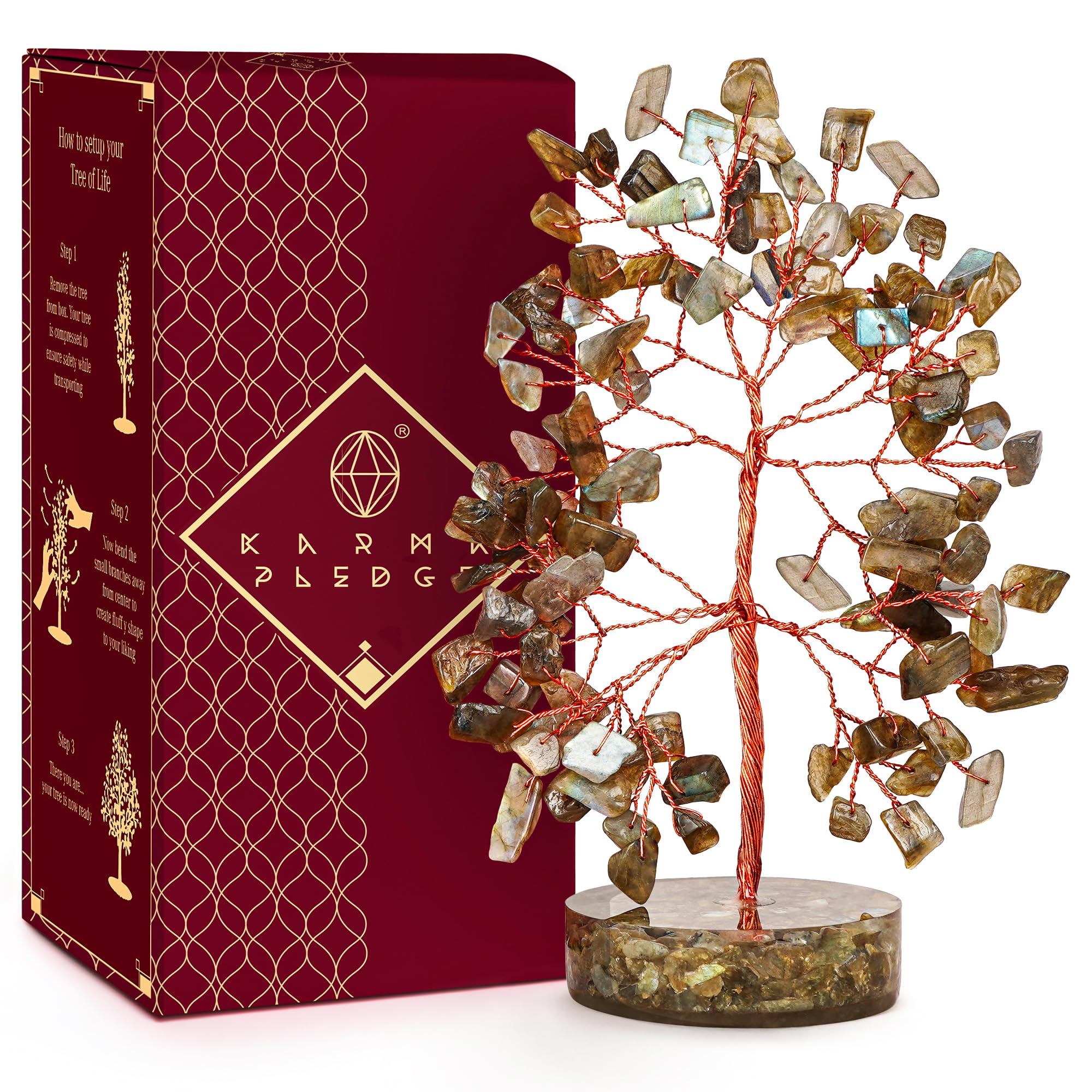 KARMAPLEDGE crystal tree Labradorite base promotes balanced energy at home or office.
