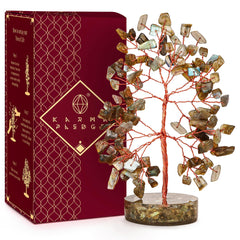 KARMAPLEDGE crystal tree Labradorite base promotes balanced energy at home or office.