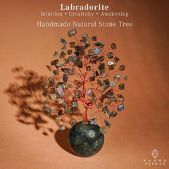KARMAPLEDGE Crystal Tree life branches closeup reveals crystals catching light.