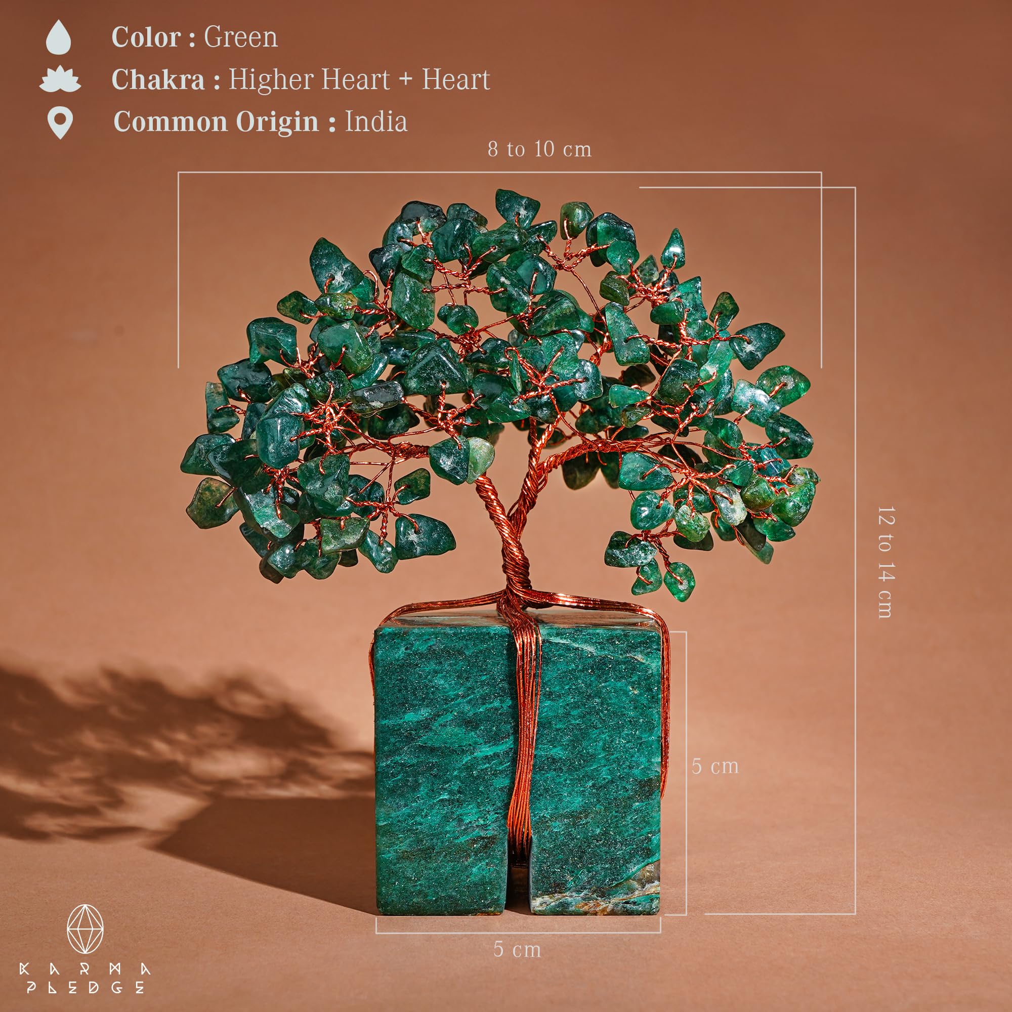 KARMAPLEDGE Crystal Tree Life green aventurine beads highlight balance on display