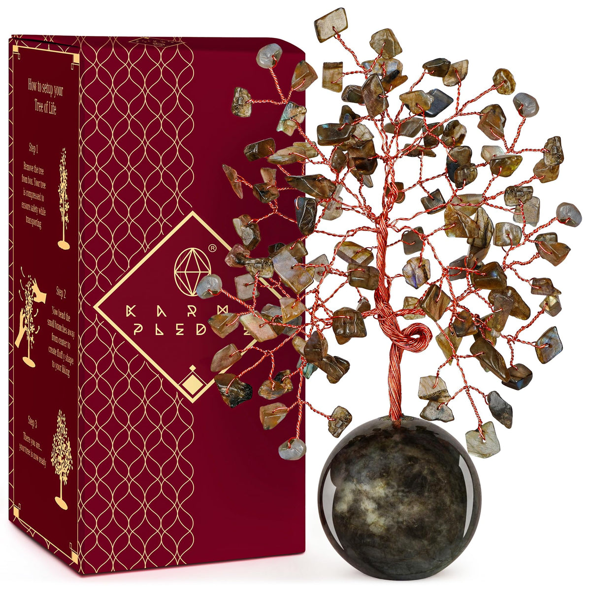 KARMAPLEDGE Crystal Tree of Life base highlights the crystal ball for calming energy.