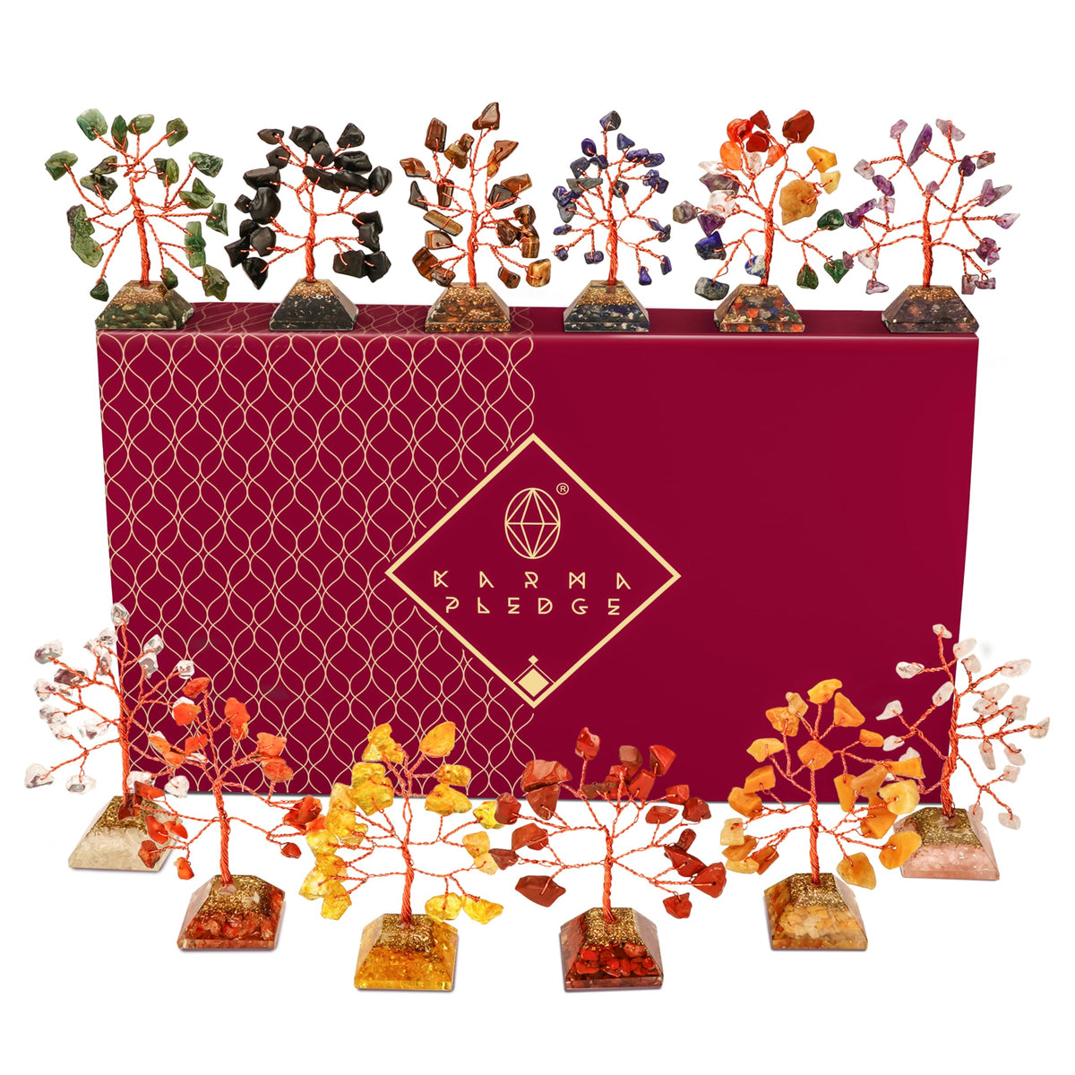 KARMAPLEDGE crystal tree of life with root chakra stones for grounding on a desk