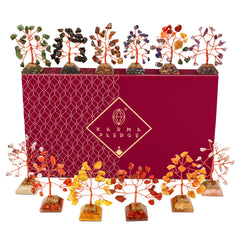 KARMAPLEDGE crystal tree of life with root chakra stones for grounding on a desk