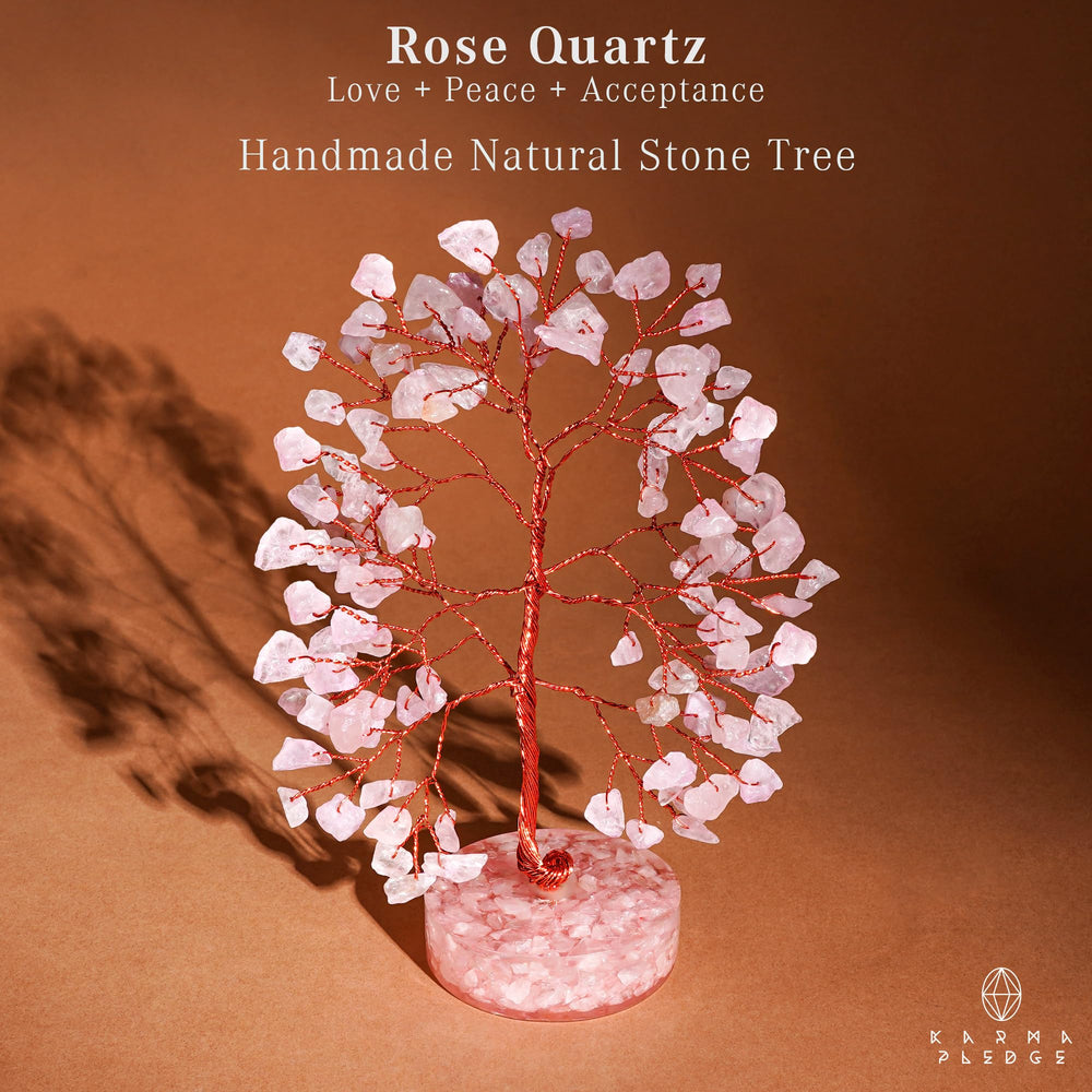 KARMAPLEDGE crystal tree rose quartz base displays orgone foundation for calm spaces