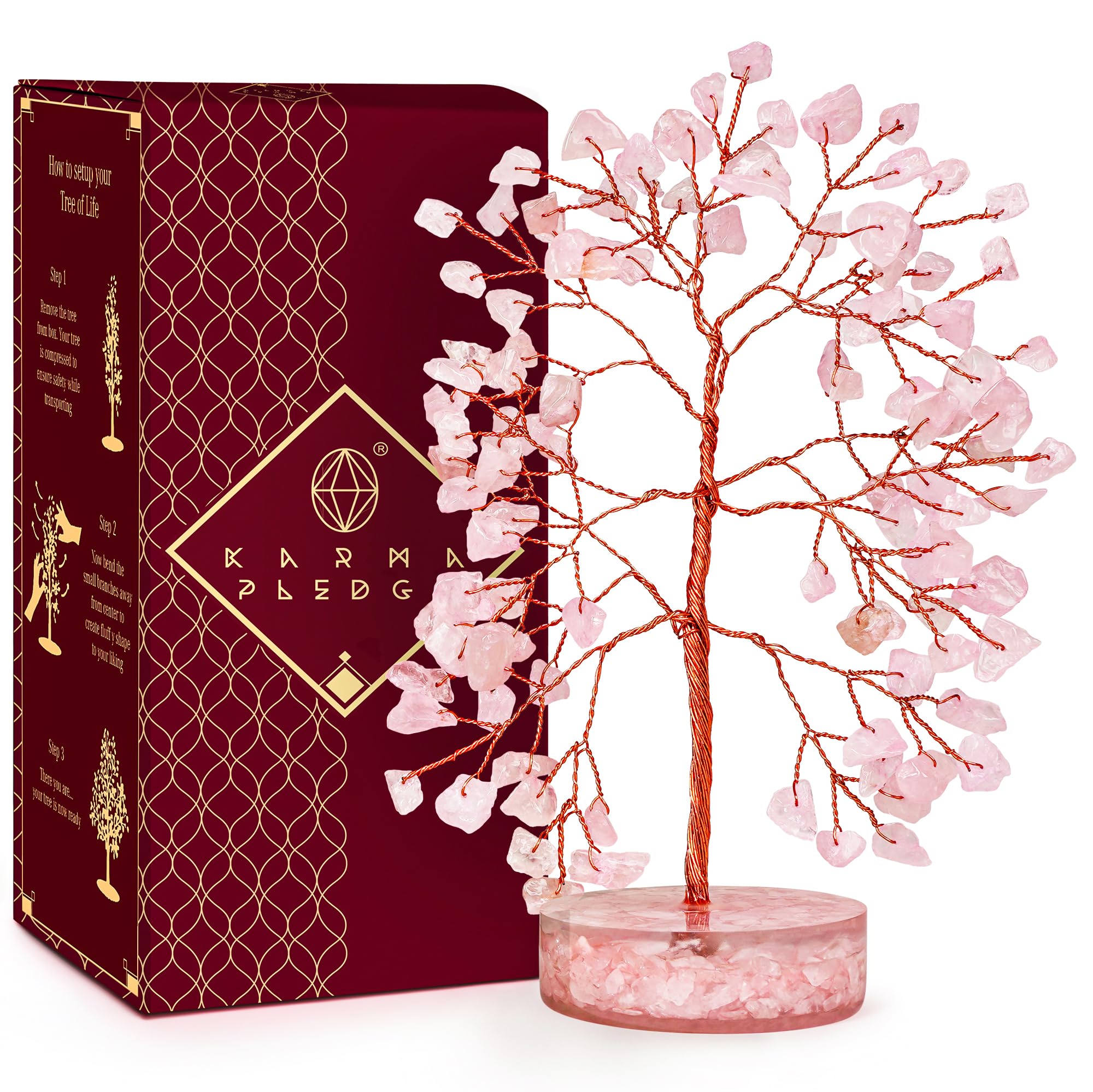 KARMAPLEDGE Crystal Tree with rose quartz closeup shows balanced energy for home