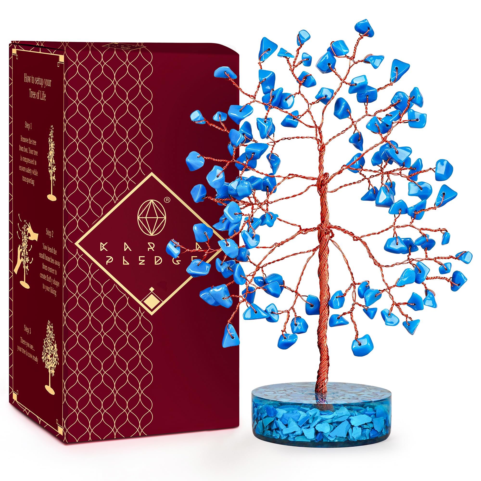 KARMAPLEDGE crystal tree turquoise chakra stones promoting balance and positive energy in any room.
