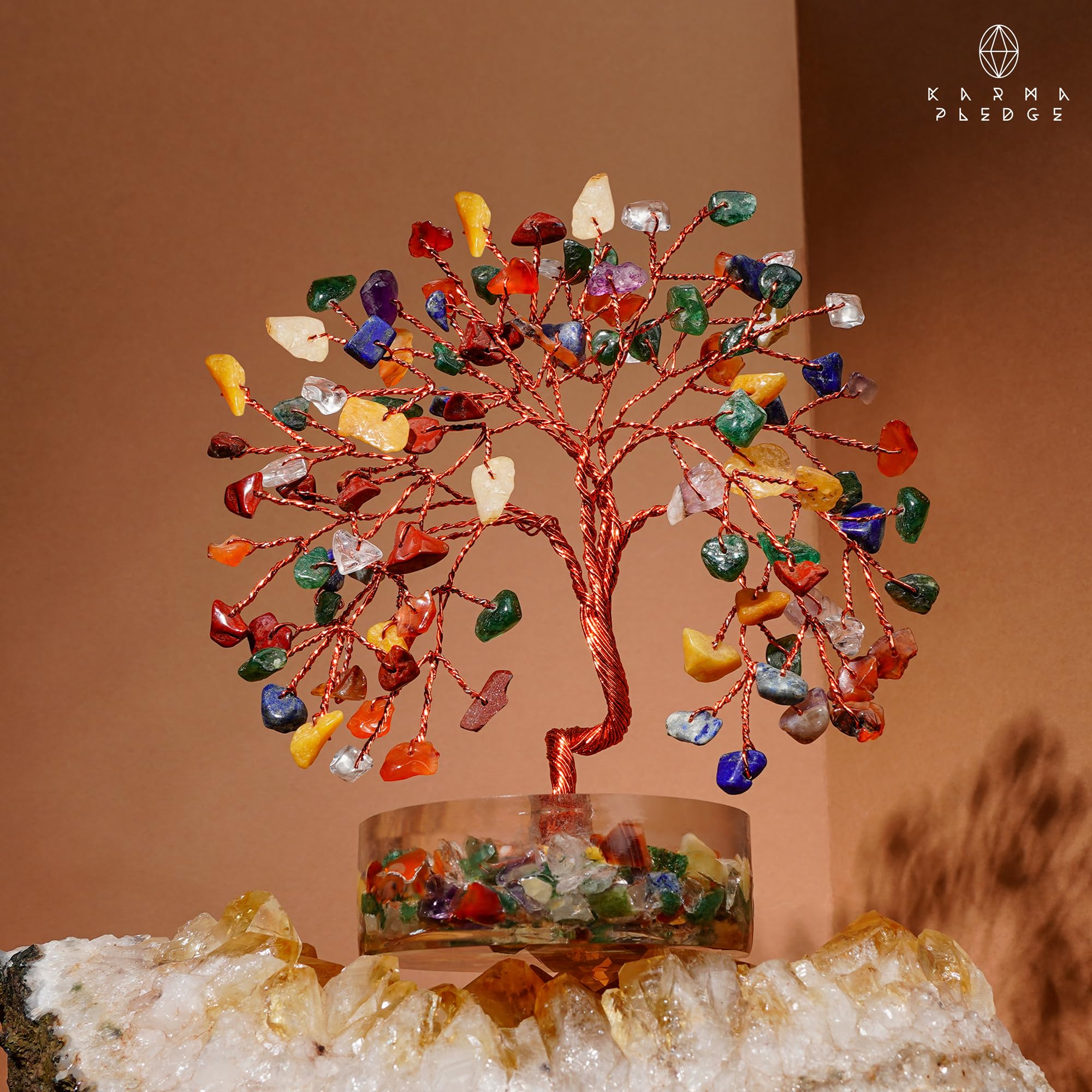 KARMAPLEDGE Crystal Tree decor for desks promotes calm focus in workspaces.