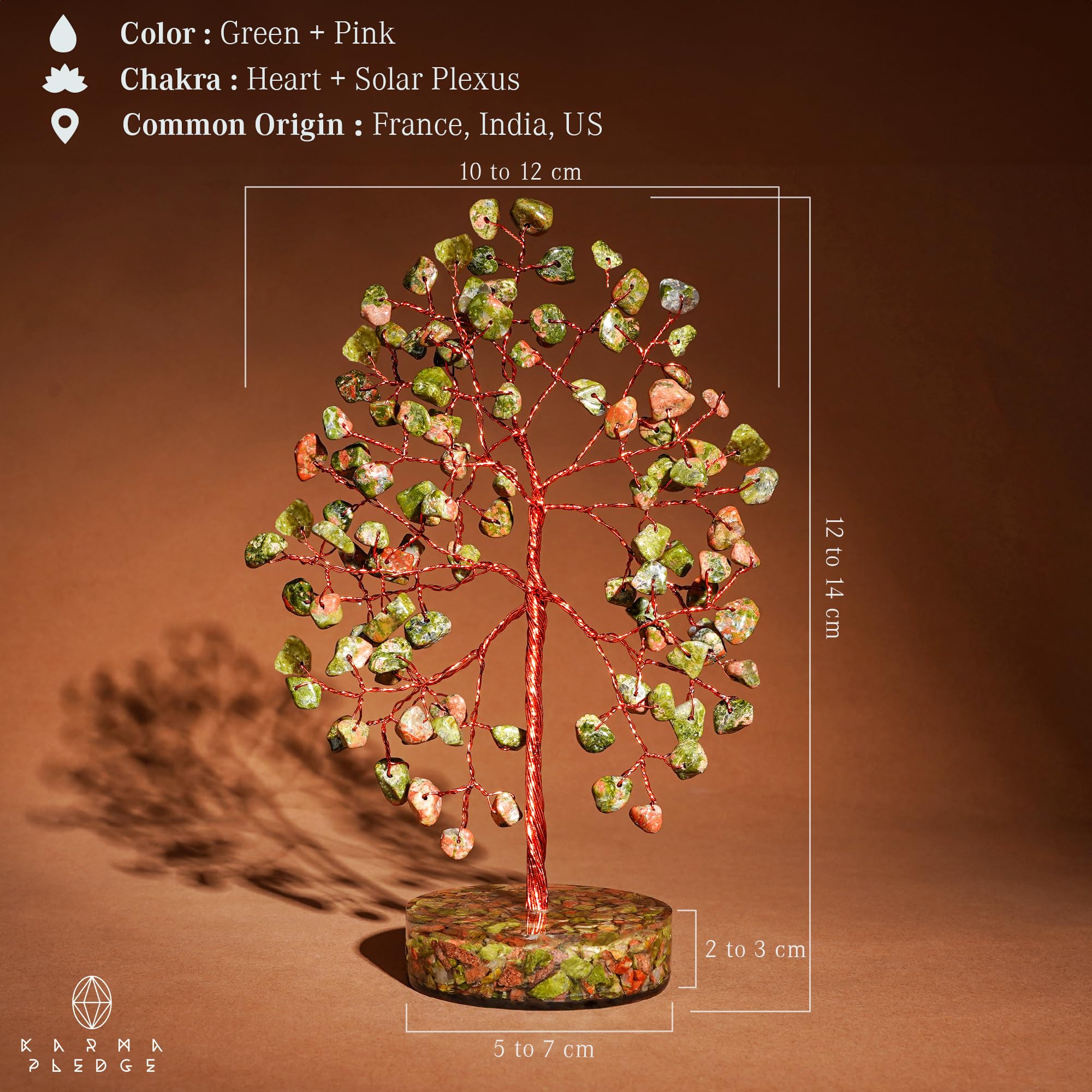 KARMAPLEDGE orgone base crystal tree anchors energy on a table or shelf.