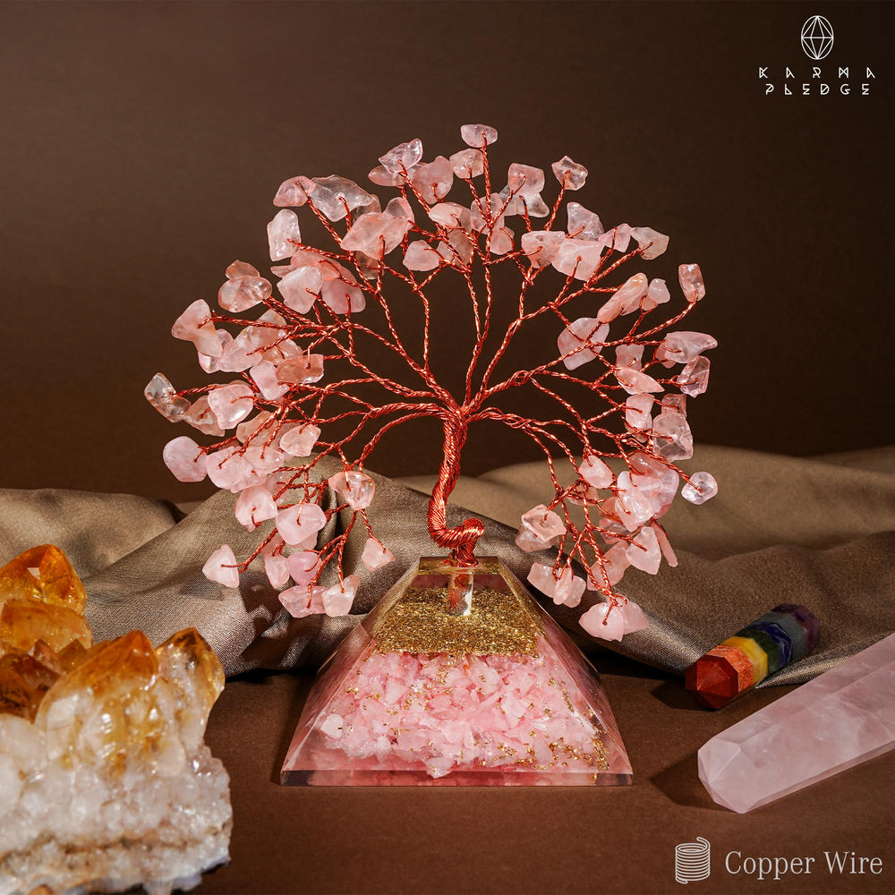 KARMAPLEDGE Rose Quartz Crystal Tree with Tree of Life design inspires mindful decor.