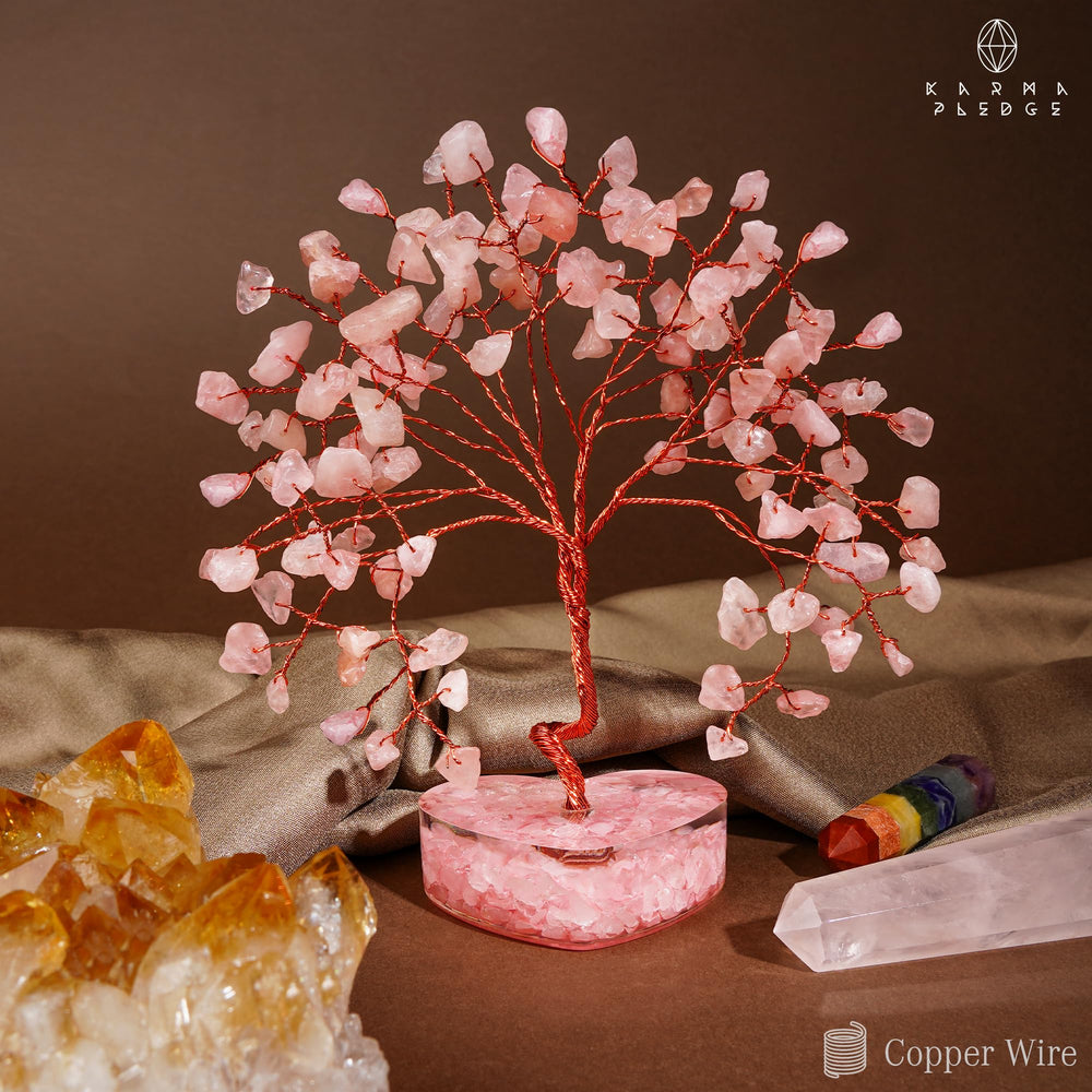 KARMAPLEDGE Rose Quartz Crystal Tree bedroom decor adds warmth.