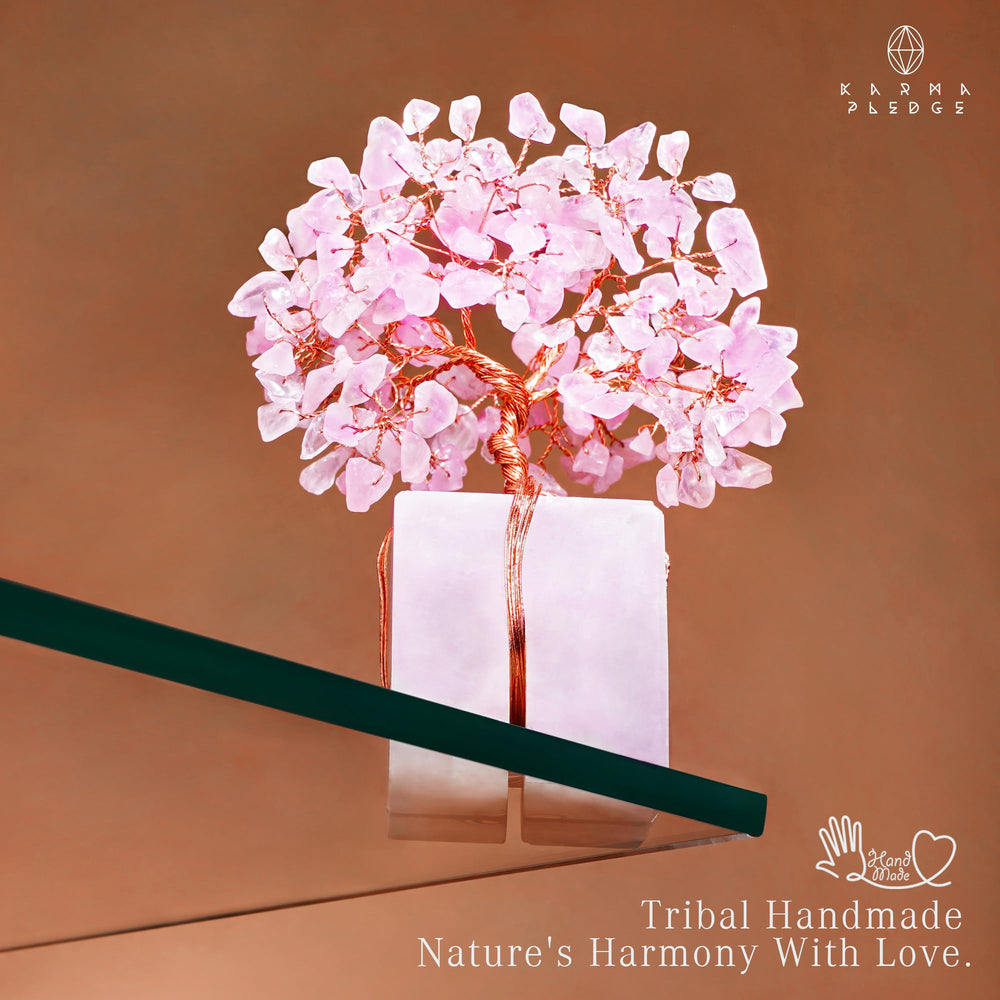 KARMAPLEDGE Rose Quartz Crystal Tree closeup beads detail