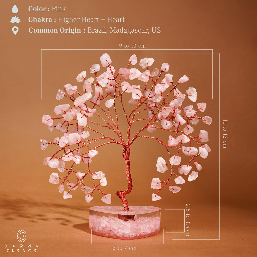 KARMAPLEDGE Rose Quartz Tree with copper wire branches adds natural charm.