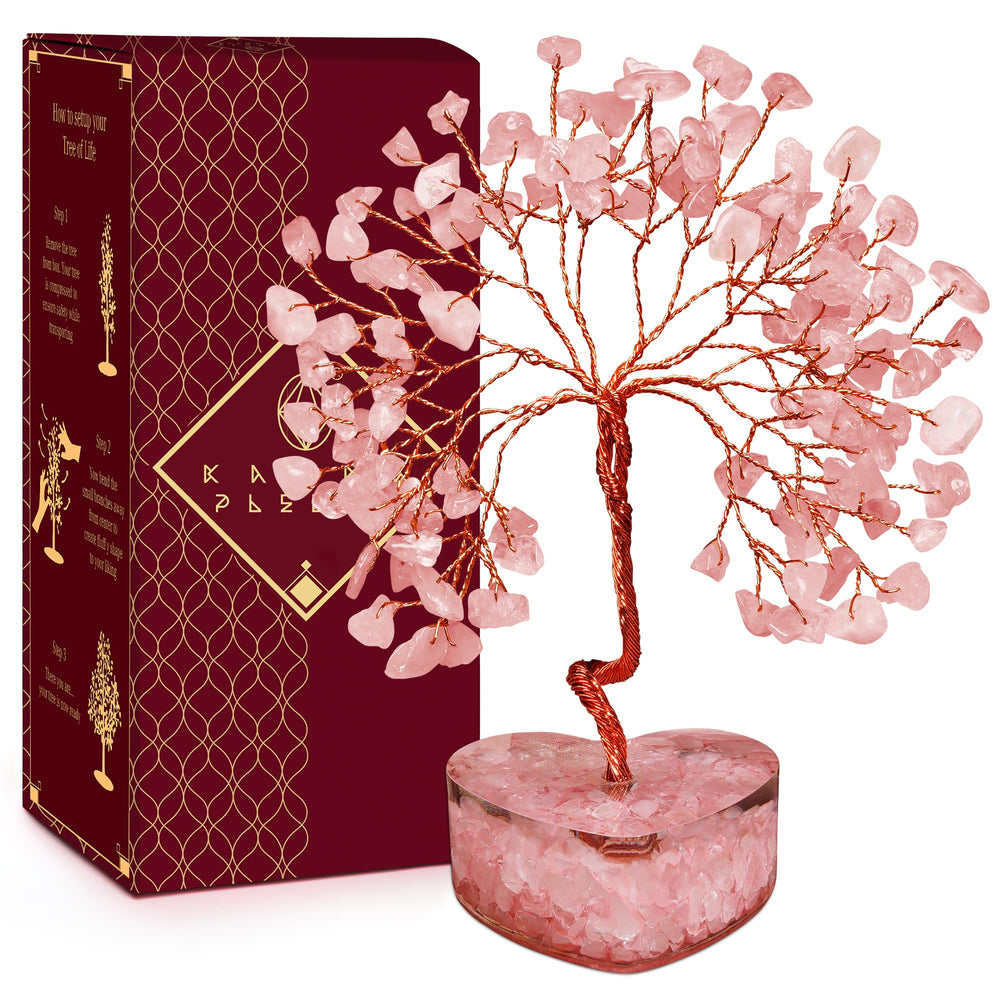 KARMAPLEDGE Rose Quartz Crystal Tree on a desk for calm energy and style.