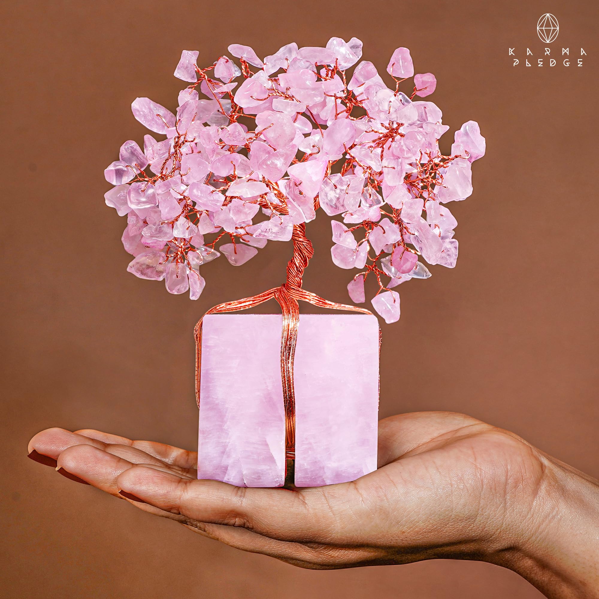 KARMAPLEDGE Rose Quartz Crystal Tree gift-ready presentation