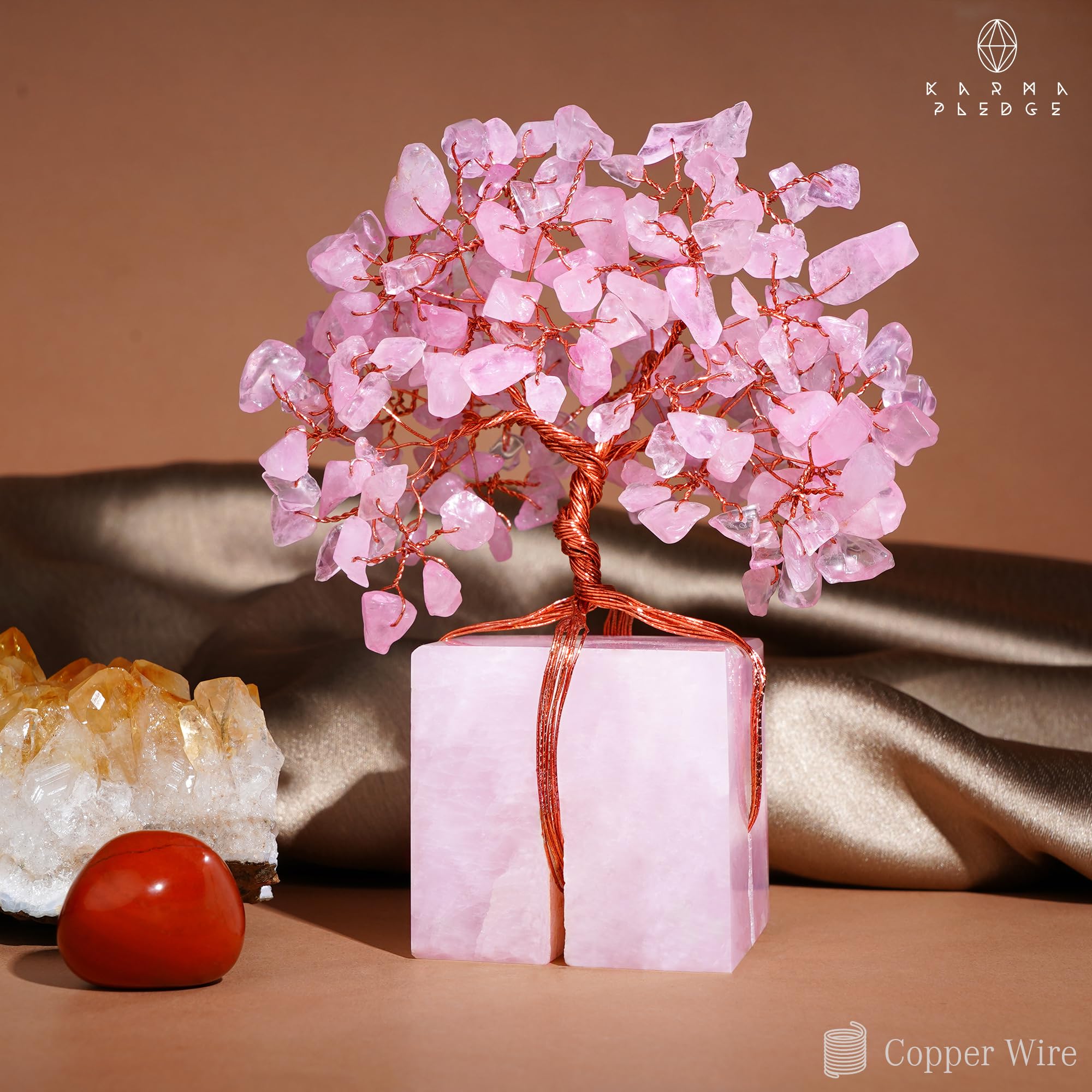 KARMAPLEDGE Rose Quartz Crystal Tree handcrafted copper-wire base