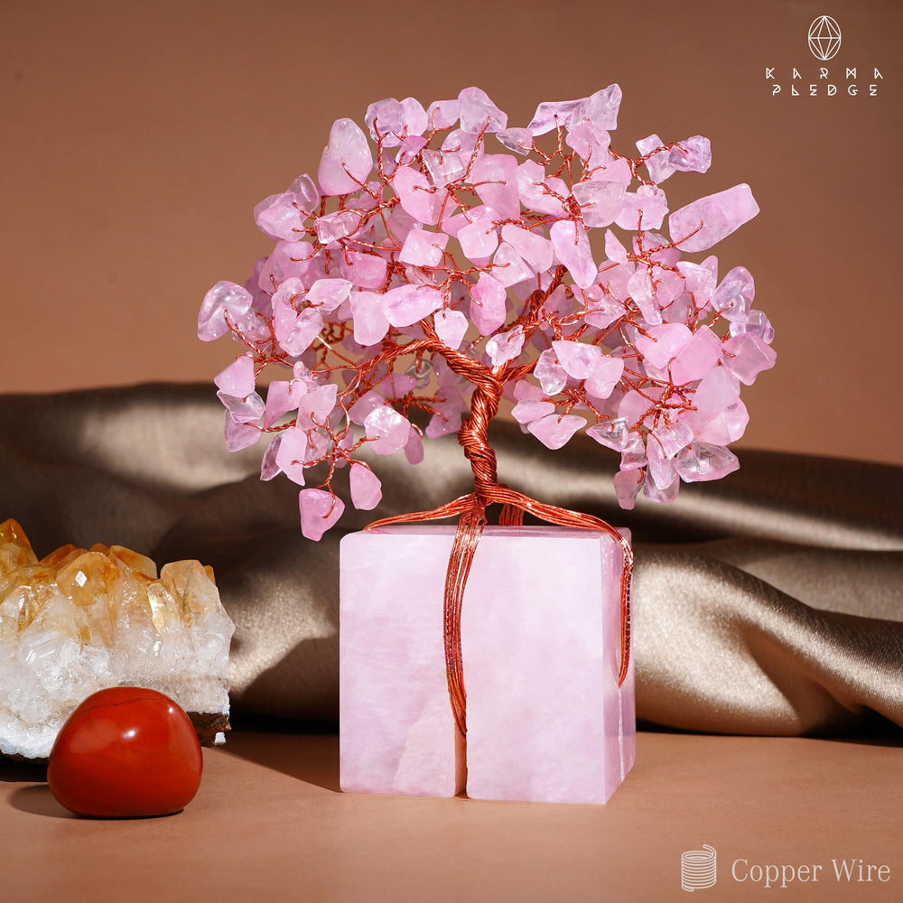 KARMAPLEDGE Rose Quartz Crystal Tree handcrafted copper-wire base