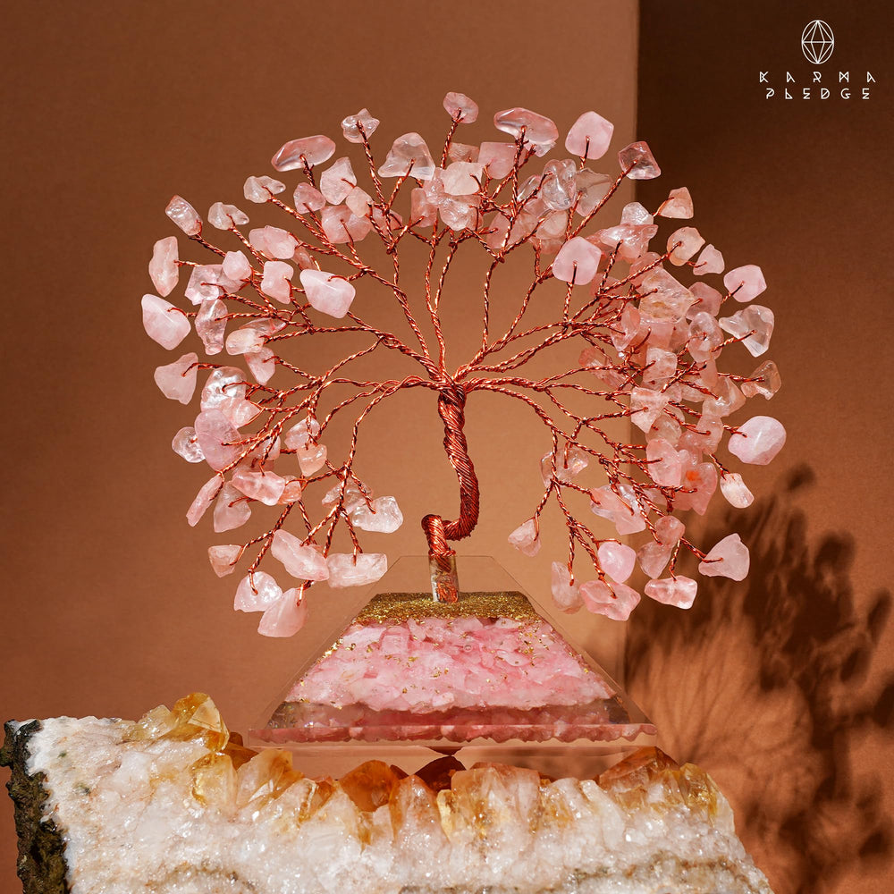 KARMAPLEDGE Rose Quartz Crystal Tree symbolizes good energy and prosperity at home.