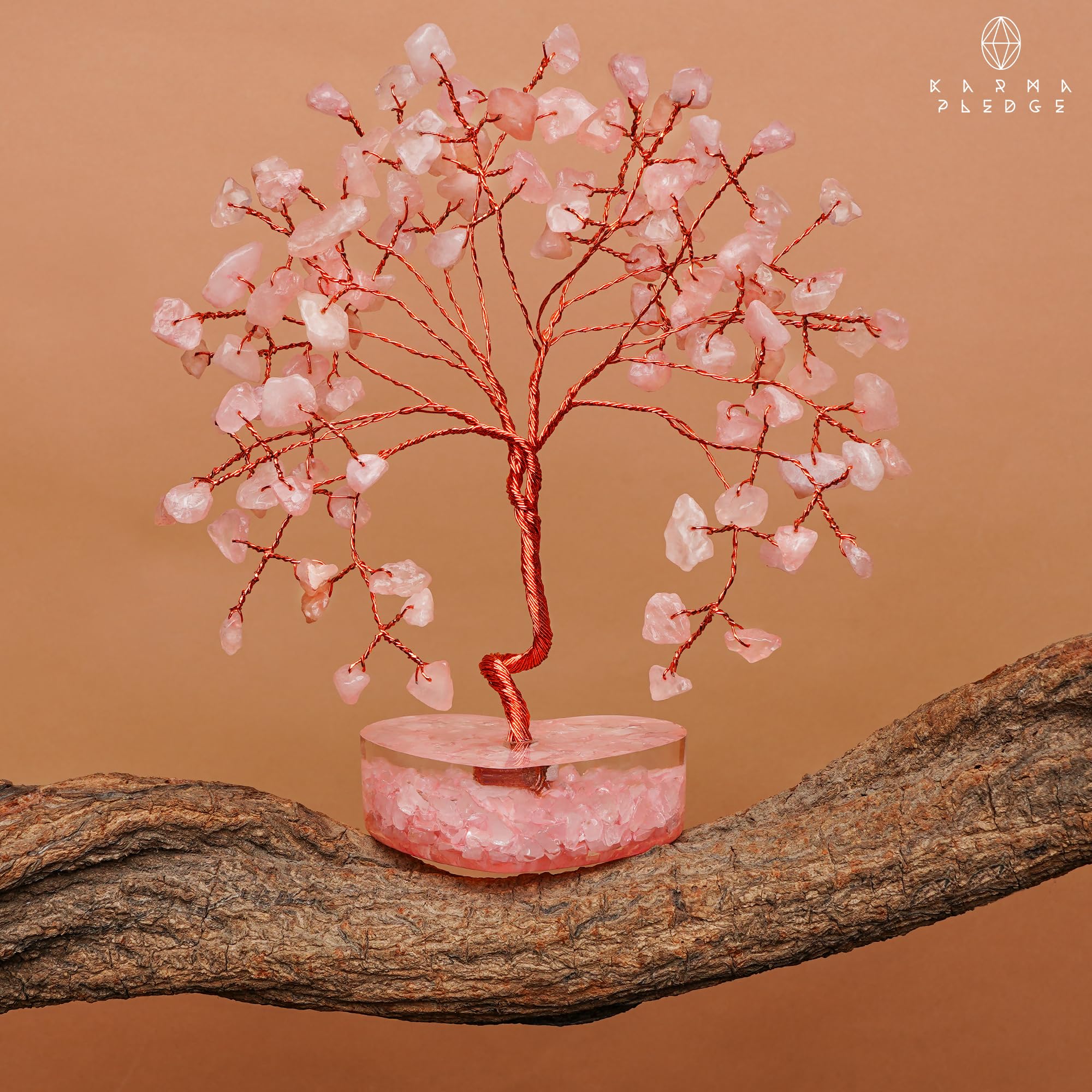 KARMAPLEDGE Rose Quartz Crystal Tree packaging with care note included.