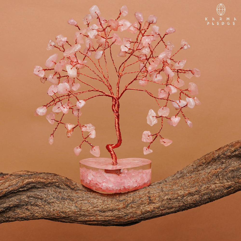 KARMAPLEDGE Rose Quartz Crystal Tree packaging with care note included.
