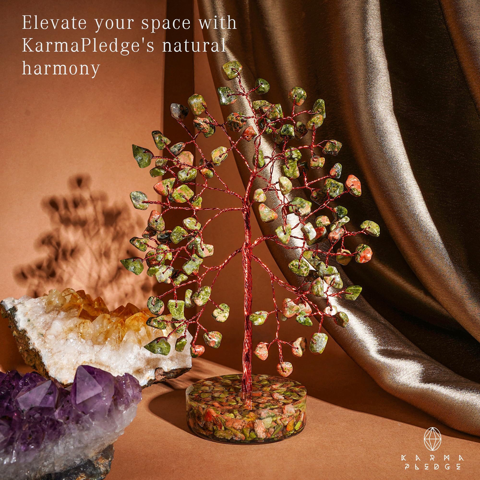 KARMAPLEDGE unakite chakra tree as a centerpiece for soothing home decor.