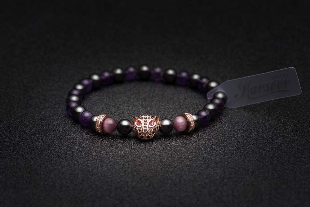 Karseer Amethyst and Hematite beads promote grounding and focus.